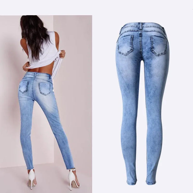 Low Waist Sky Blue Patchwork Skinny Tights Women Jeans High Stretch Push Up Fashion Jeans