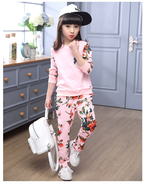 Winter Children Clothing Sets for Girls Floral Baby Clothes Cotton Kids Tracksuit shirt and Pants