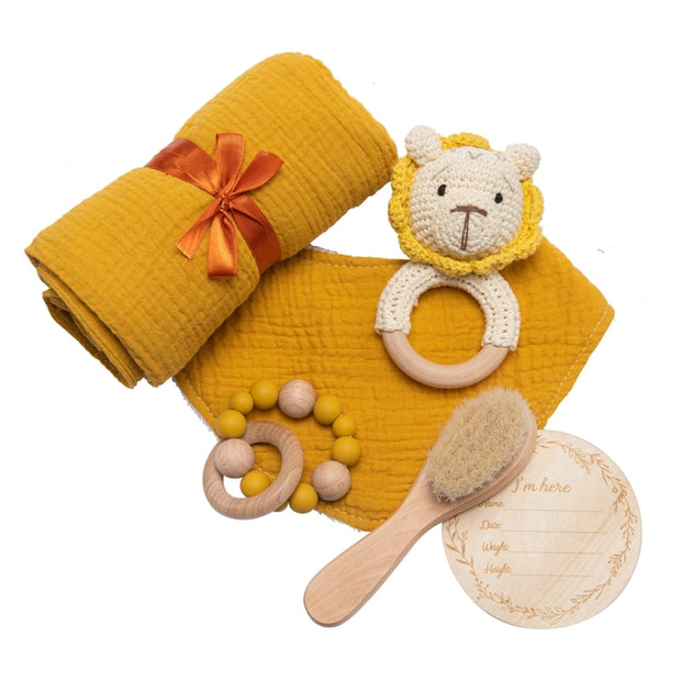 1Set Baby Bath Toy Set Towel Wooden Rattle Bracelet Crochet Products Newborn Bed Bell