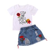 Conjunto de ropa para niños, traje con estampado de flores, Top + falda vaquera, 2 uds., conjuntos de ropa para niños pequeños