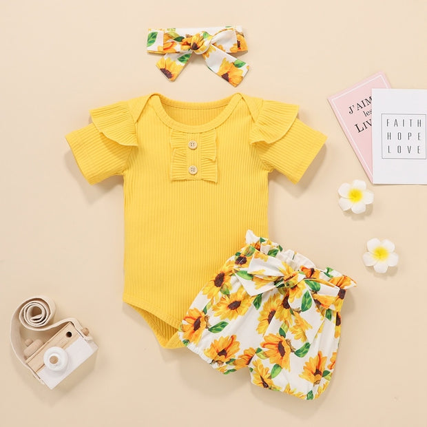 Newborn Baby Girls Outfits Clothes Cotton Solid Romper Jumpsuit + Denim Shorts+Headband Sweet Set  New 2023