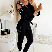 2 Pieces Set Women Europe fall outfit sexy nail bead pure color round collar long suit Sports Set