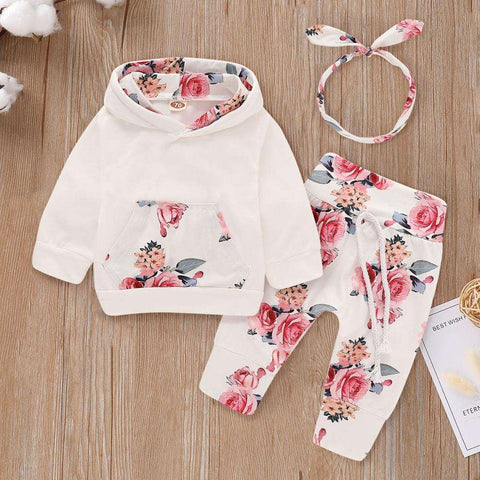 3pcs Baby Girl 95% Cotton Long-sleeve Hoodie and Floral Print Pants with Headband Baby Clothing Sets