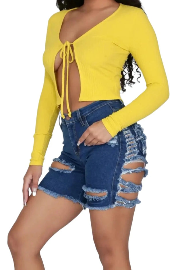 Summer woman trendy Ripped denim shorts fashion high waist jeans