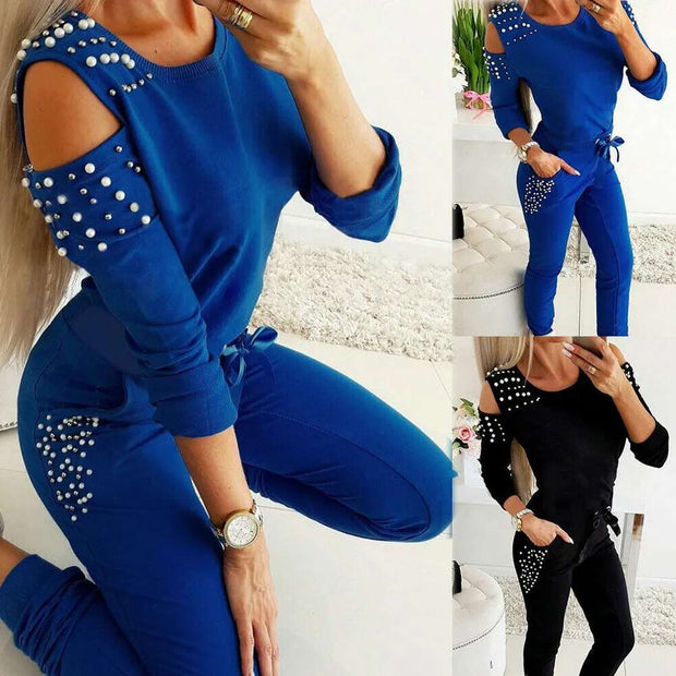 2 Pieces Set Women Europe fall outfit sexy nail bead pure color round collar long suit Sports Set