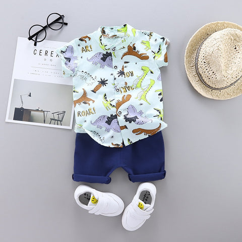 Nueva moda de verano, ropa para bebés, niños y niñas, camiseta con estampado de dinosaurio de dibujos animados, pantalones cortos, 2 unids/set, trajes para niños, ropa para niños