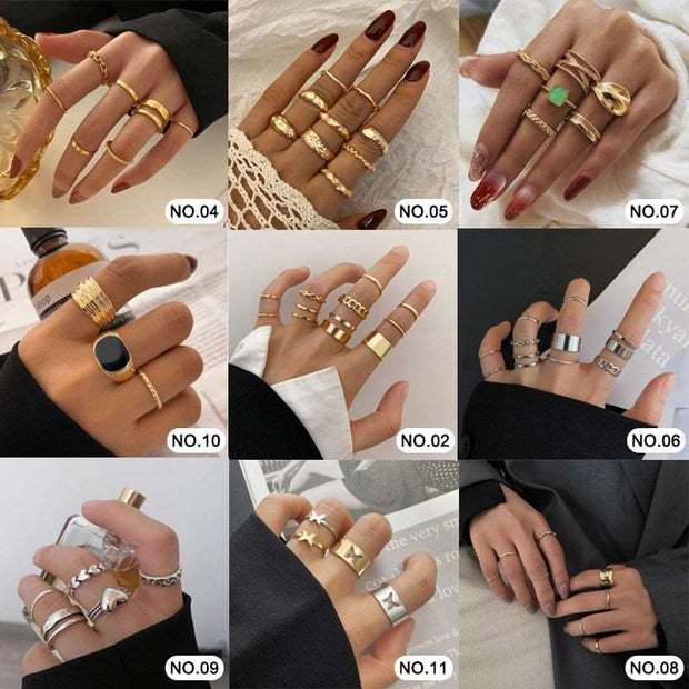 17KM Hiphop Gold Color Chain Rings Set For Women Girls Punk Geometric Simple Finger Rings Trend Jewelry