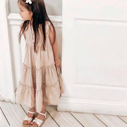 Vestido liso para niña, vestido informal para niño pequeño, vestido de princesa sin mangas de lino y algodón