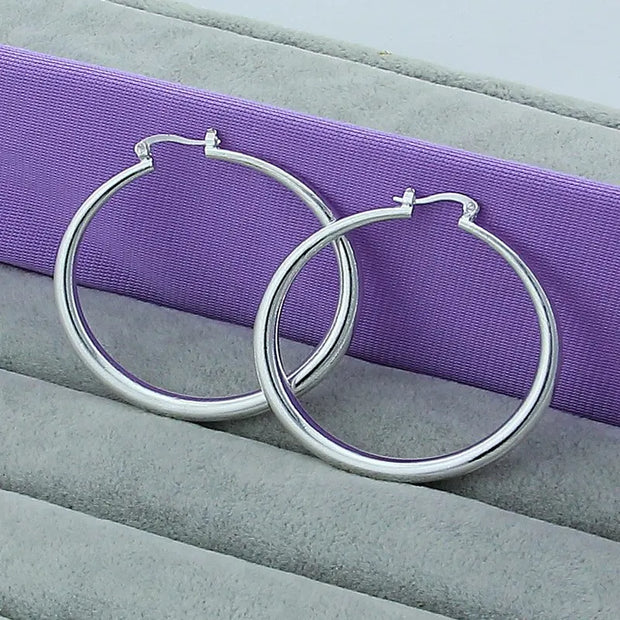 925 Sterling Silver Solid Smooth Circle 40mm Hoop Earrings for Woman Fashion Jewelry