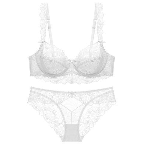 New Sexy Transparent Solid Bow Back Closure Ladies Ultrathin Lace ABCDE Cup Bra Briefs Lingerie Set