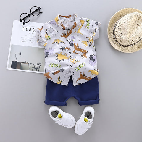 Nueva moda de verano, ropa para bebés, niños y niñas, camiseta con estampado de dinosaurio de dibujos animados, pantalones cortos, 2 unids/set, trajes para niños, ropa para niños