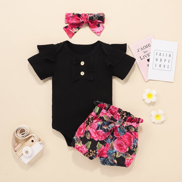 Newborn Baby Girls Outfits Clothes Cotton Solid Romper Jumpsuit + Denim Shorts+Headband Sweet Set  New 2023