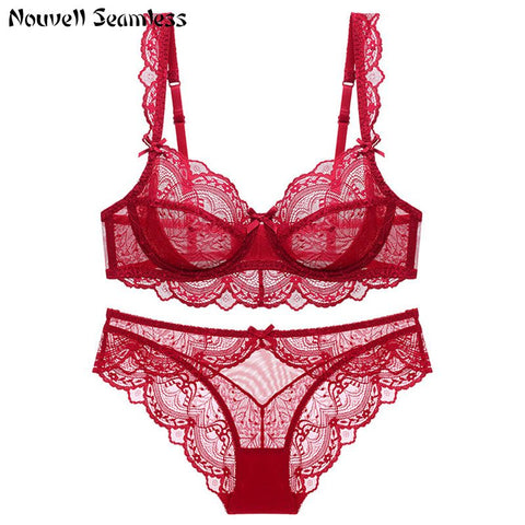 New Sexy Transparent Solid Bow Back Closure Ladies Ultrathin Lace ABCDE Cup Bra Briefs Lingerie Set