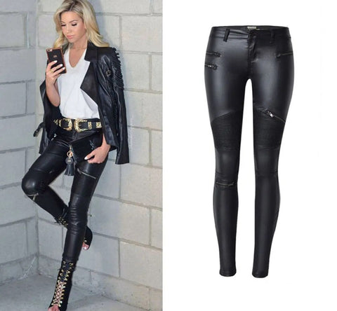 Winter Autumn PU Leather Coated Denim Pants for Women Sexy Tight Stretchy Rider Black Coffee Rock Punk Party Pants XXXL