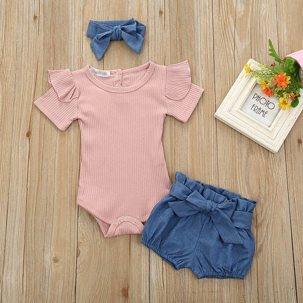 Newborn Baby Girls Outfits Clothes Cotton Solid Romper Jumpsuit + Denim Shorts+Headband Sweet Set  New 2023