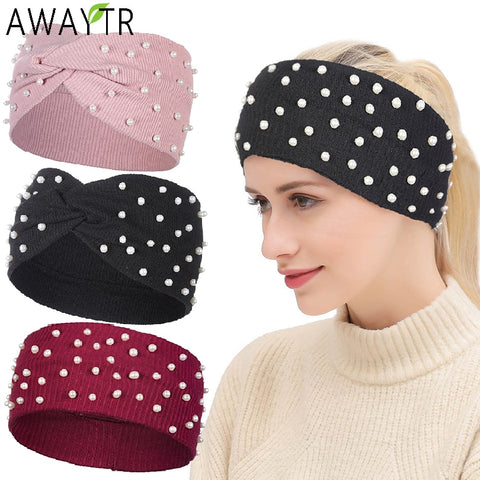 Girls Headbands Pearls Knitted Turban Bandana Winter Elastic Warm Hair Accessories Headdress