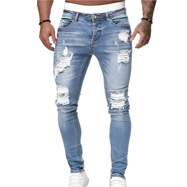 Fashion Style Ripped Skinny Jeans Men Solid Denim Casual Slim Fit Pants