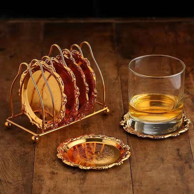 6pc Classical Golden Cocktail Metal Coaster Continental Vintage Zinc Alloy Plated Gold Plated Mat placemat diameter 10.5cm