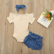 Newborn Baby Girls Outfits Clothes Cotton Solid Romper Jumpsuit + Denim Shorts+Headband Sweet Set  New 2023