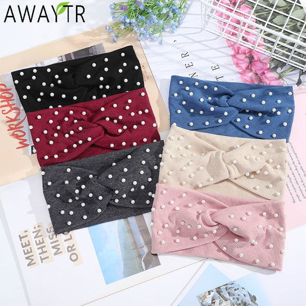 Girls Headbands Pearls Knitted Turban Bandana Winter Elastic Warm Hair Accessories Headdress