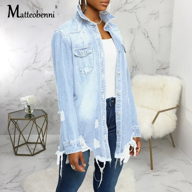 Sexy Fashion Denim Jacket Women Long Sleeve Boyfriend Style Casual Jean Jacket Vintage Button Streetwear Topcoat