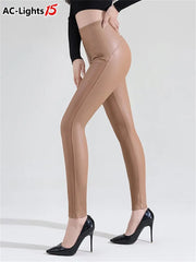 Sexy Pu Leather Pants High Waist Tights Slim Leggings for Women Brown Elastic Warm Fleece Matte Winter