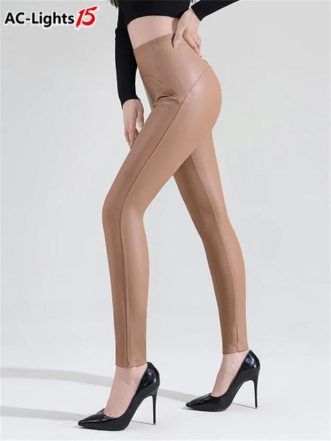 Sexy Pu Leather Pants High Waist Tights Slim Leggings for Women Brown Elastic Warm Fleece Matte Winter