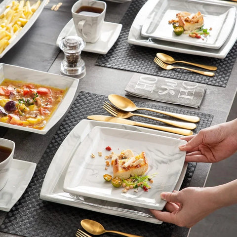 New 32 Pieces Square Tableware Set Full Dining Set Marble Gray Complete Fashionable Table Plates