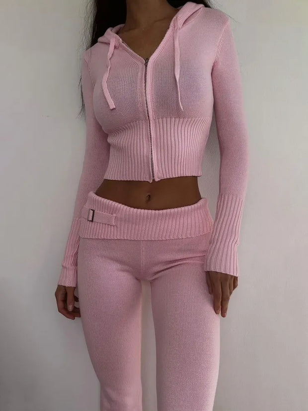 Luxury Women Winter Outfits Casual Zipper Sweater Hoodie Set High Waist Flare Pants Suits Knitted Two Piece Set