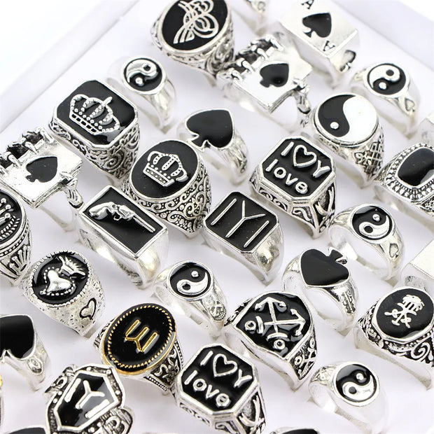 Wholesale 20Pcs/lot Vintage Black Square Ring For Women Men Mix Style Retro Punk Hip Hop Rock Party Jewelry