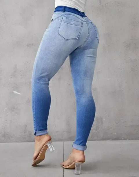 Woman High Waist Trend Denim Zip Fly Ombre Ripped Skinny Pocket Button Daily Long Jeans