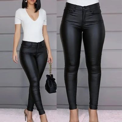 New High Waist Causal Leather Pants for Women PU Pants Black Straight Streetwear Waistband Decor Punk Chic Winter