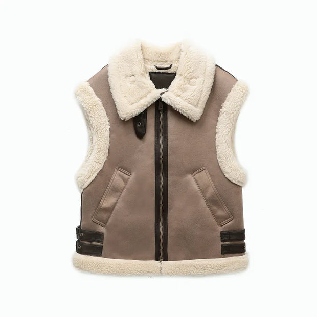 Winter New Ladies Warm Fur Integrated Sleeveless Fleece Stitching Coat Vest Jacket