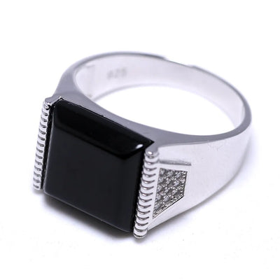 Solid Silver 925 Men's Rings For Men Black Square Natural Stone Jewelry