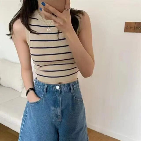 Crop Top Female Knitted Sleeveless Basic Striped T Shirts Slim Stretchy Thin