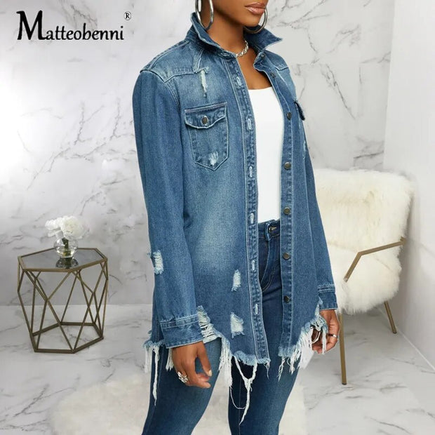 Sexy Fashion Denim Jacket Women Long Sleeve Boyfriend Style Casual Jean Jacket Vintage Button Streetwear Topcoat