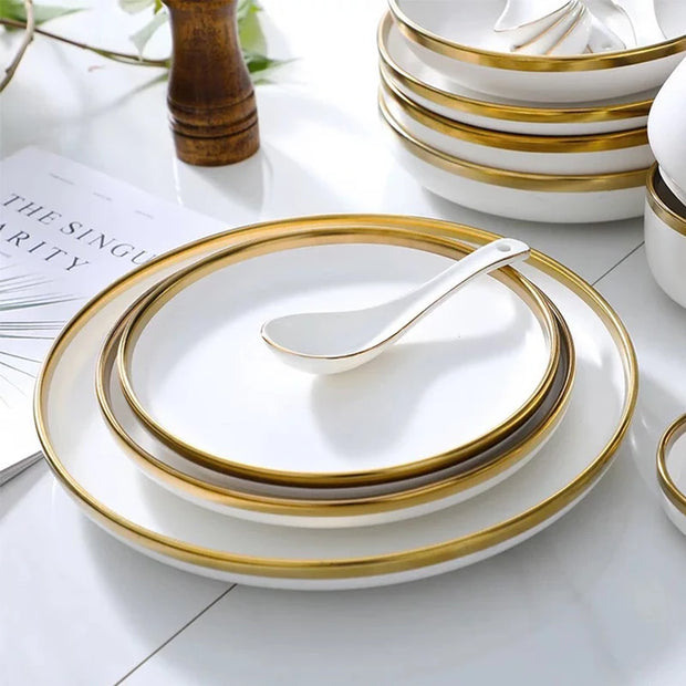 Tableware Dish Penh White and Gold Kitchen Dinner Front Plate Ceramic Dining Bar Home