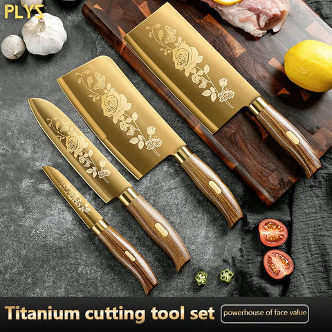 Luxury Gold Kitchen Knife Set Stainless Steel Blade with Golden Titanium Plating Chef for Kitchen