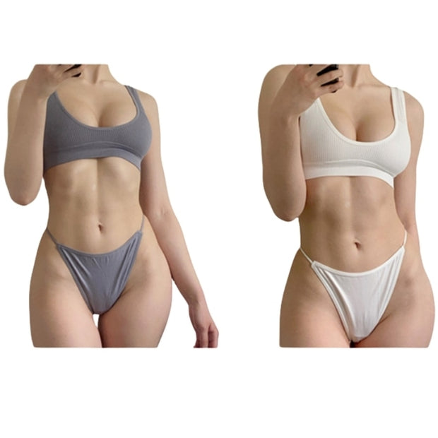 Seamless Bras Set Rib Non-Wire Bralette Bikini Underwear Low Waist G-String Thongs Solid Plunge Tops Sexy Lingerie