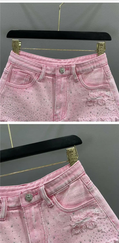 Fashion Rhinestone Diamond Denim Shorts for Women High Waist Ripped Jeans