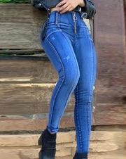 Jeans Women Denim Zipper Fly High Waist Ripped Skinny Plain Pocket Design Daily Long Jeans