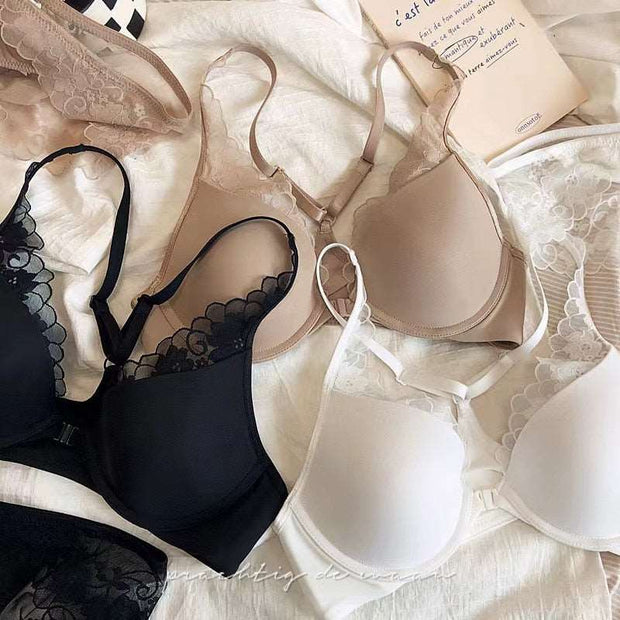 Thin Glossy Cross Backless Lace Front Closure Bra and Panties Set with Push Up Beautiful Sexy Lingerie