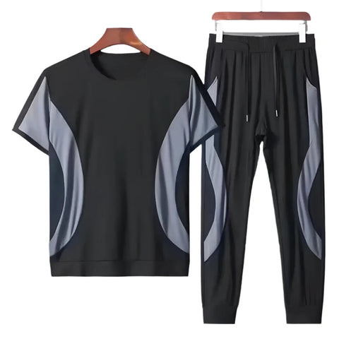 Casual Outfit Drawstring Pockets Men Patchwork Color 2 Pieces Set