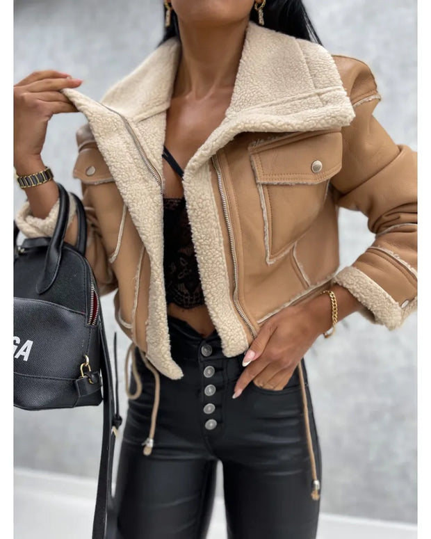 Leather Jackets Women Short Thick Warm Outwear Female Lapel Velvet Coat New Year Winter Tops