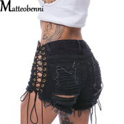 Sexy Ripped Tassel Jeans Streetwear High Waist Straight Denim Shorts New Women Lace-Up Hole Hollow Out Jean Shorts