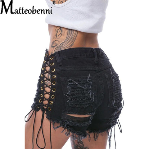 Sexy Ripped Tassel Jeans Streetwear High Waist Straight Denim Shorts New Women Lace-Up Hole Hollow Out Jean Shorts