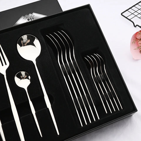 24pcs Mint Silver Dinnerware Cutlery Stainless Steel Flatware Set Tableware Gift Box