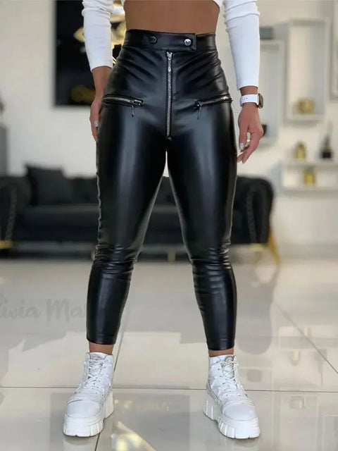 New Leather Pants Pu Female Black Sexy Skinny High Waist Zipper Pencil Pants Casual Elastic Tights Winter Autumn