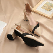 Mix Color Med Heels Pumps Women Pointed Toe Ankle Strap Leather Shoes