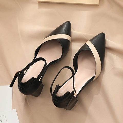 Mix Color Med Heels Pumps Women Pointed Toe Ankle Strap Leather Shoes